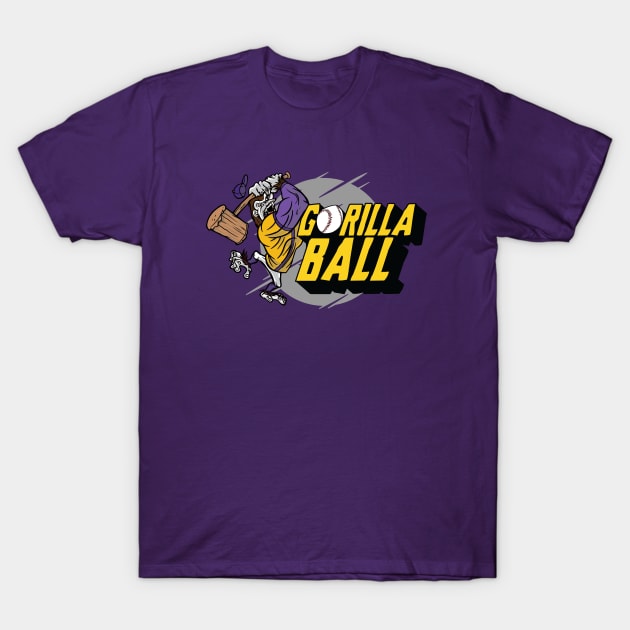 Gorilla Back is Back | Purple & Gold Baseball T-Shirt by SLAG_Creative